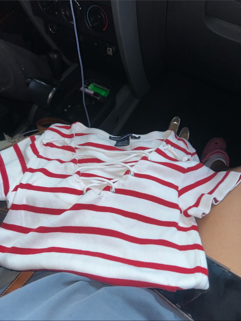Ralph Lauren Blue Label White and Red Striped Lace-Up Knit Top